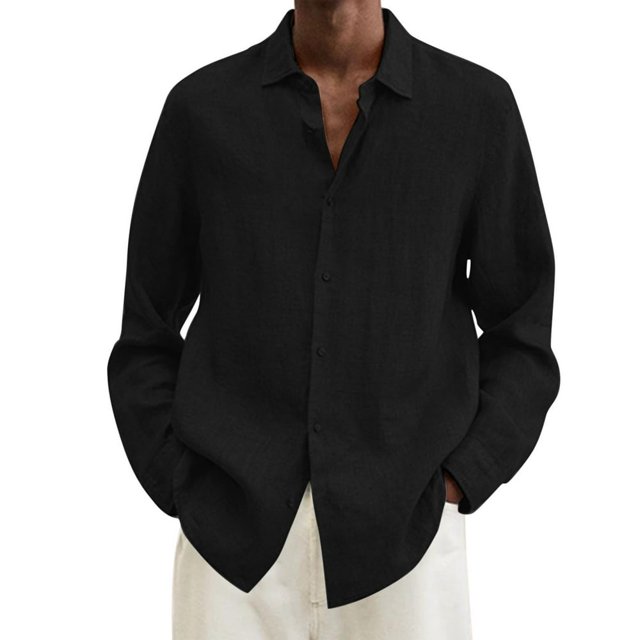 MesaSe Chemise à Manches Longues en Coton et Lin pour Hommes, Col Rabattu Ample