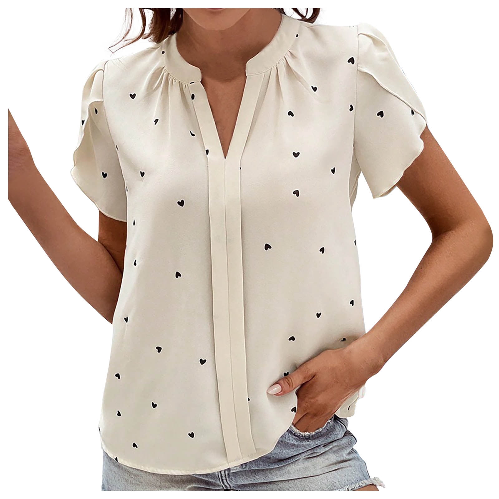 Timegard Hauts d'Été pour Femmes Pétale Manches Courtes Col en V Froncé Fluide Tenue de Plage Décontractée Chemises Amples Hauts