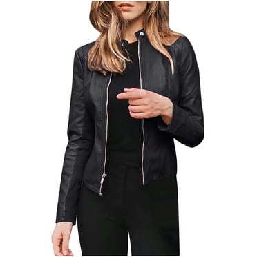 Pisexur Women's Faux Leather Jackets Long Blazer Fashion Sleeve Open Front Short Cardigan Suit Jacket Coat Top Blazers for Work Casual Moto Biker Outwear