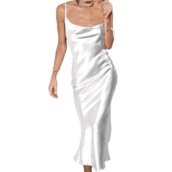 Women's Spaghetti Strap Midi Satin Silk Dresses Slip Cowl Neck Party Cocktail Evening Dress White S