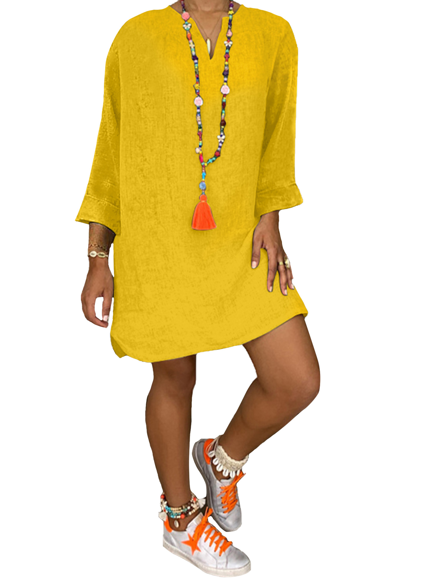 LUXUR Robe Courte pour Femmes à Col en V, Manches Longues, Aguichant, Couleur Unie, Jaune, m
