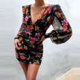 thumbnail image 4 of Pompotops Robe à Manches Longues en Chiffon Plissé à Fermeture Éclair Col en V Imprimé Floral pour Femmes, 4 of 7