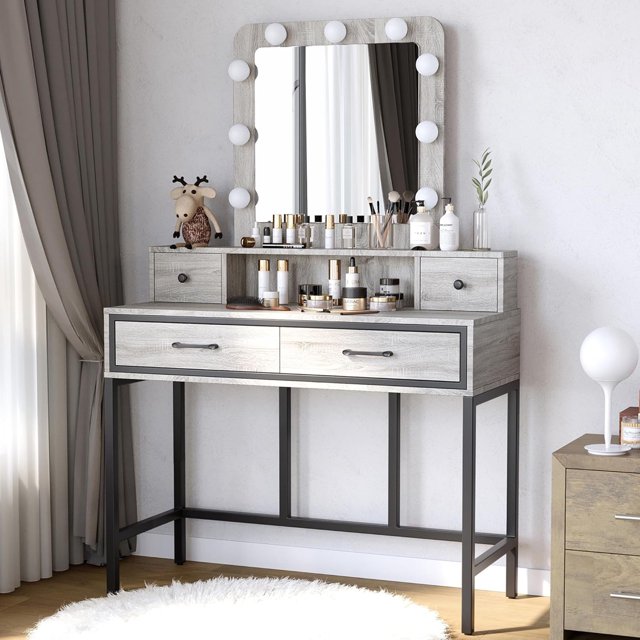 RoyalCraft Vanity Desk for Makeup with Mirror, Dimmable Lights & Drawers, Grey