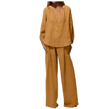 TJAZFJPA Wide Leg Pant Set Petite Women's Solid Color Deep V Neck Loose Long Sleeved Trousers Suit 80's Outfits for Women 2Pc Sets for Women Outfit