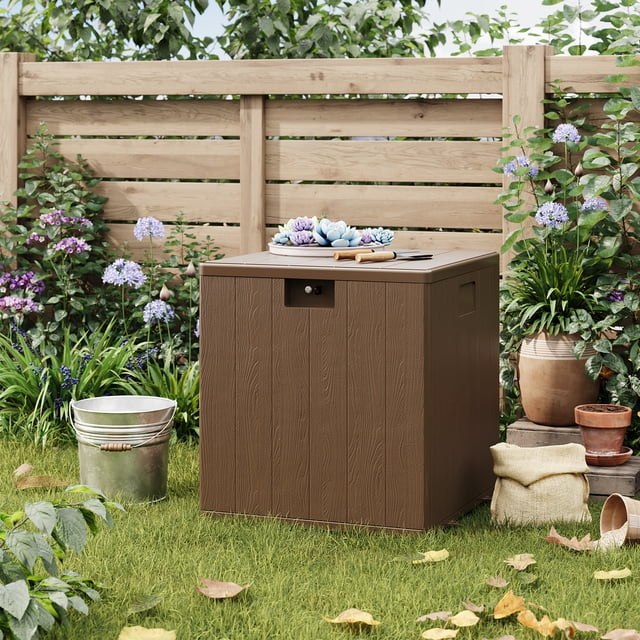 EDTara Joanakaren Coffre de Terrasse Extérieur, Banc de Rangement Étanche de 28 Gallons avec Siège, Résistant aux Uv, Verrouillable, Capacité Robuste de 480 Lb, Design en Osier Brun pour l'Organisation du Patio et du Jardin