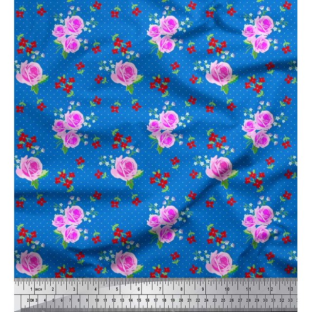 Soimoi Tissu Crêpe Polyester à Pois, Feuilles & Roses Imprimé Floral au Mètre 52 Pouces de Large
