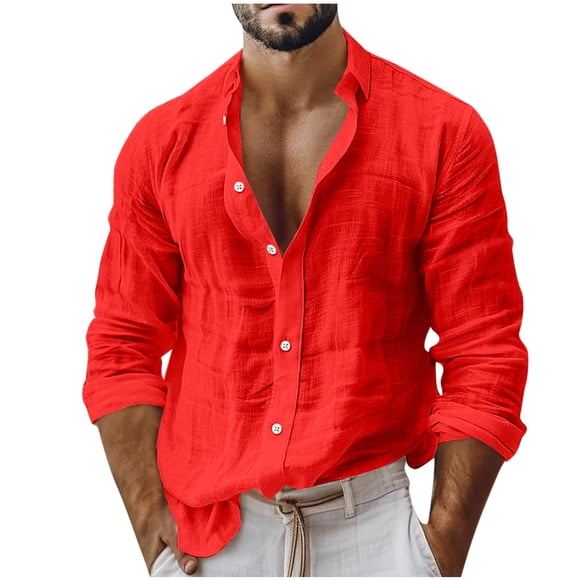 LNWUY Men Linen Shirt Button Down Long Sleeve Cotton Beach Band Collar Casual Loose Comfort Breathable Summer Shirts Red S
