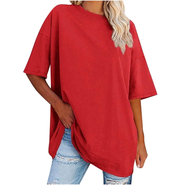 Plebaso T-Shirts Surdimensionnés pour Femmes 2025 Manches Courtes Hauts Amples Col Rond Décontracté Uni T-Shirts Basiques pour Femmes