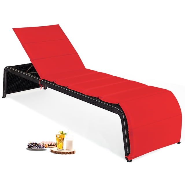Topbuy Causeuse Longue Inclinable d'Extérieur en Rotin Réglable avec Coussins Rouges
