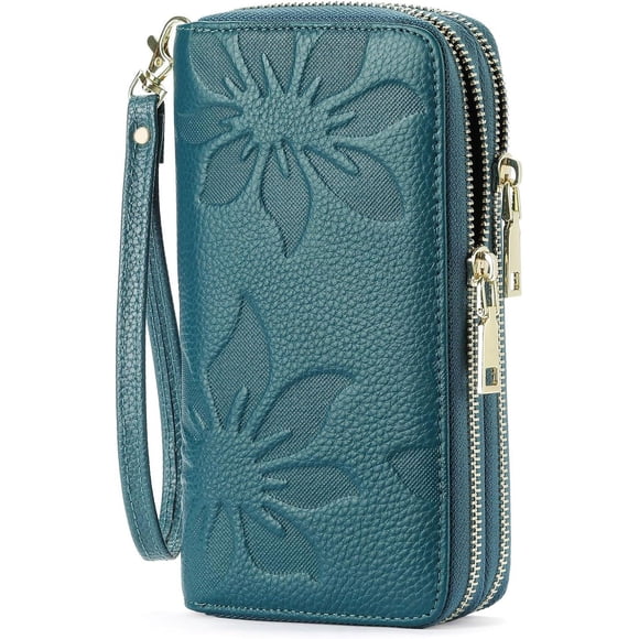 Women's Wallet Large Capacity Double Zip Around Credit Card Holder Leather Ladies Wallet with RFID Blocking Phone Wristlet Purse Teal