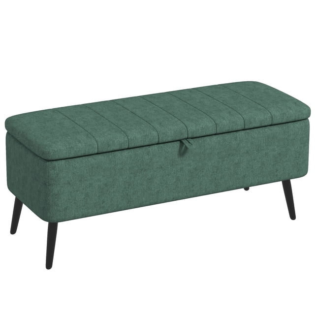 HOMCOM Ottoman Banc de Rangement en Tissu de Lin Vert Foncé avec Couvercle Rabattable et Compartiment de Rangement Caché. Conçu pour les Meubles de Salon, Il Présente un Siège Rembourré, des Pattes en Acier avec Revêtement en Poudre, et une Utilisation Multifonctionnelle comme Repose-Pieds, Banc d'Entrée Ou Banc de Bout de Lit. Dimensions : 40,2 Pouces de Large, 15,7 Pouces de Profondeur et 17,3 Pouces de Hauteur.