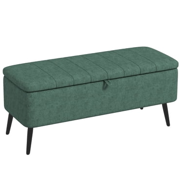 HOMCOM Storage Ottoman Bench, Linen Fabric Footstool Dark Green