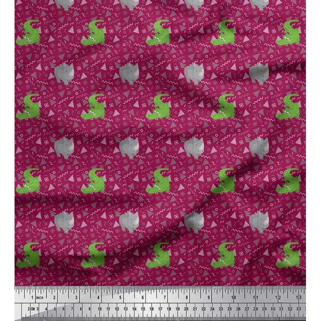 Soimoi Poly Crepe Fabric Geometric Shapes,Crocodile & Rhinoceros Kids Print Fabric by The Yard 42 Inch Wide
