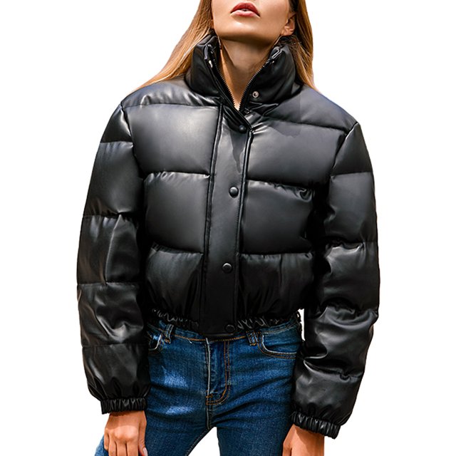 FOCUSNORM Women Juniors Long Sleeve Stand Collar Solid Color Cropped Puffer Jackets