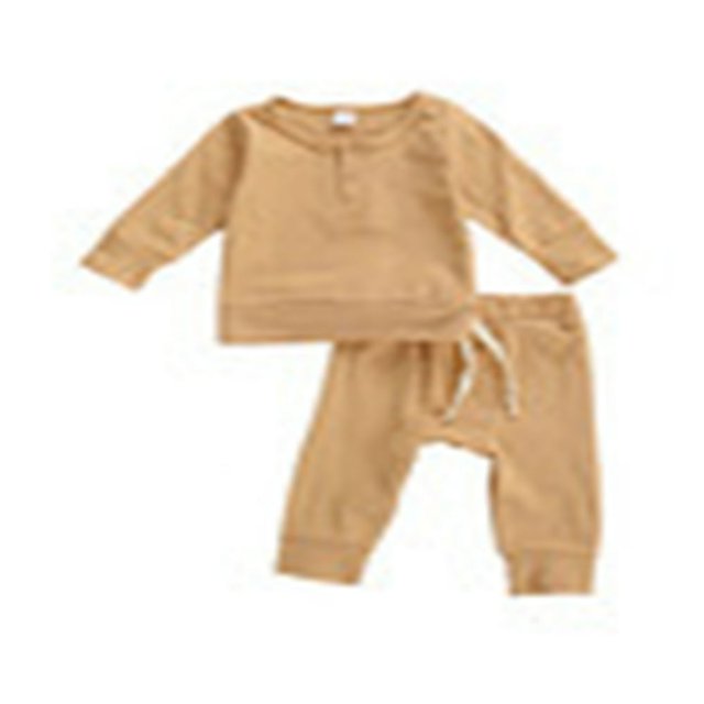 2Pcs Toddler Outfits Solid-Color Long-Sleeves Top + Elastic-Waist Pants MHXX