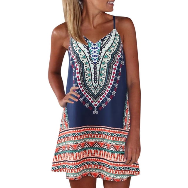 Fridja Womens Summer Printing Color Block Sleeveless Mini Sundress Sling Skirt Dress made from lightweight polyester material. The dress showcases a vibrant geometric print in navy, red, and green tones, with thin straps and a relaxed fit, perfect for casual outings, beachwear, or summer parties.