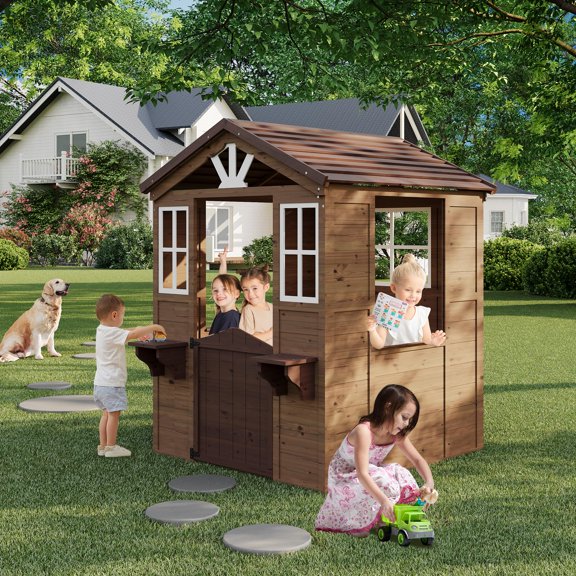 Durable Cedar Wooden Playhouse for Kids – Outdoor Backyard Cottage with Vinyl Roof, Play Kitchen, Garden Game House – Brown