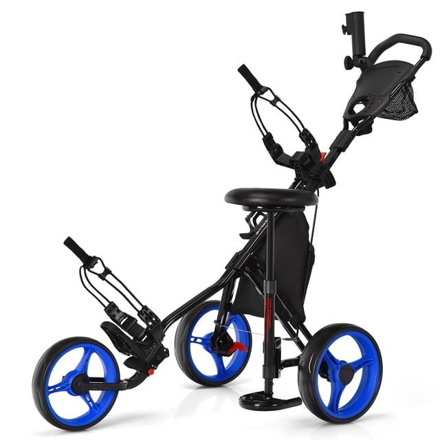 Goplus Chariot de Golf Pliant à 3 Roues avec Siège, Tableau d'Affichage, Poignée Ajustable, Bleu