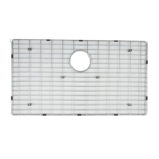American Imaginations 26.25-in. W Kitchen Sink Grid AI-34691, rectangular stainless steel sink grid with chrome finish and black protective feet, featuring a central circular drain cutout, designed for drop-in installation to protect kitchen sinks and organize dishes, also suitable for use as a drying rack insert.