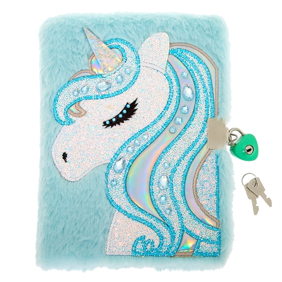 Claire's Journal avec Cadenas pour Filles / Miss Glitter the Unicorn Journal en Peluche - Carnet Cadeau pour Enfants - Bleu