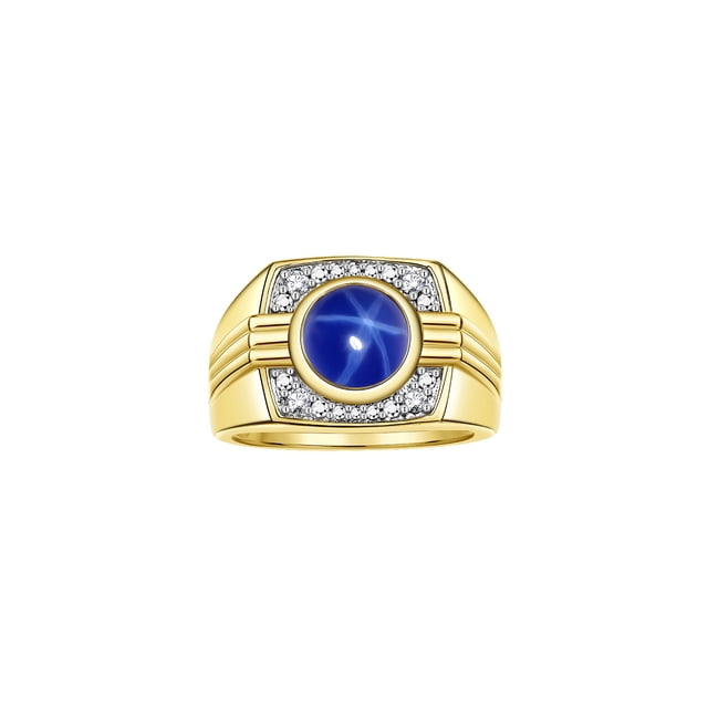 RYLOS Mens Rings 14K Yellow Gold Designer Round Gemstone & Diamond Ring Blue Star Sapphire September Birthstone Rings For Men, Men's Rings, Gold Rings Sizes 8 - 13