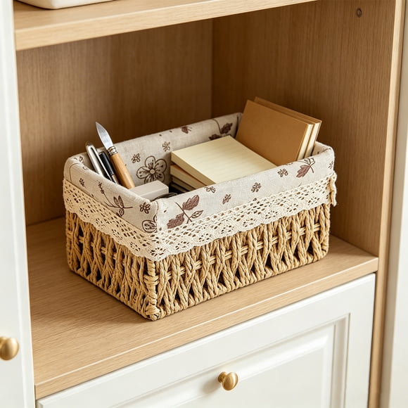 Woven Storage Basket with Liner Rectangular Rattan Organizer Bin for Home Bathroom Kitchen