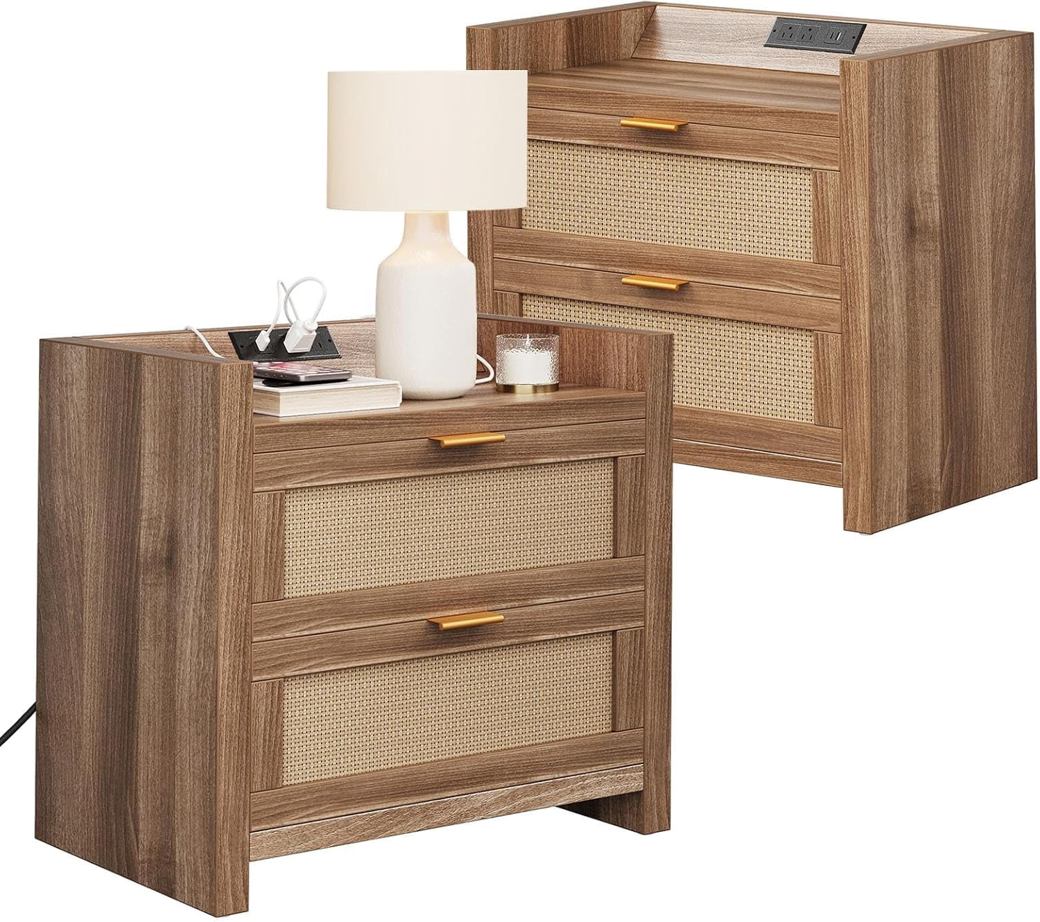 Cherish Set of 2 Boho Rattan Night Stands – 23.6" Wide Bedside Tables with Charging Station, 2 Drawers, Modern Nightstand for Bedroom, Living Room, Hallway