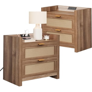 Cherish Set of 2 Boho Rattan Night Stands – 23.6" Wide Bedside Tables with Charging Station, 2 Drawers, Modern Nightstand for Bedroom, Living Room, Hallway