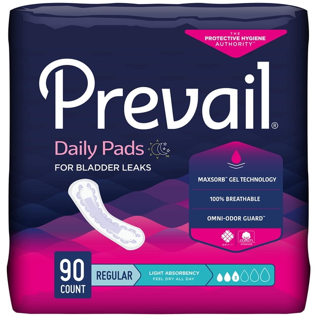 Prevail Proven - Prevail Incontinence Bladder Control Pads with light absorbency, regular size, 90 count (3 packs of 30). The packaging highlights features such as MaxSorb gel technology, 100% breathability, and Omni-Odor Guard. Designed for bladder leak protection, the pads are shown on a dark blue and pink package with clear branding.