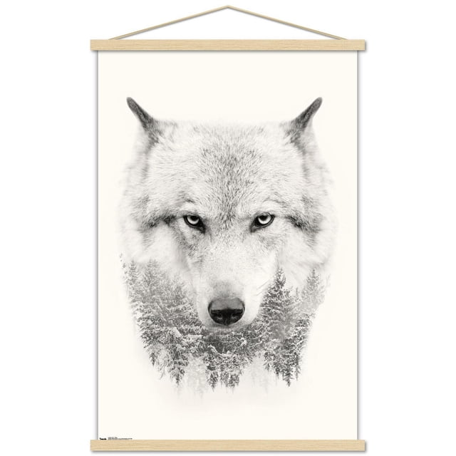 Wolf - Trees Wall Poster, 22.375" x 34", depicting a front-facing grayscale wolf head seamlessly blending into a snowy pine forest at the bottom, printed on glossy poster paper with natural wood frame hangers, suitable for bedroom or office wall décor.