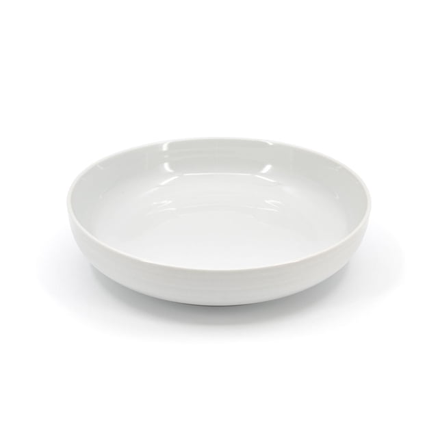Hometrends White Bowl 12" shown in a centered, angled view, crafted from durable white porcelain with a glossy finish, 12 inches in diameter, ideal for serving salads or fruits, dishwasher and microwave safe for versatile kitchen use.