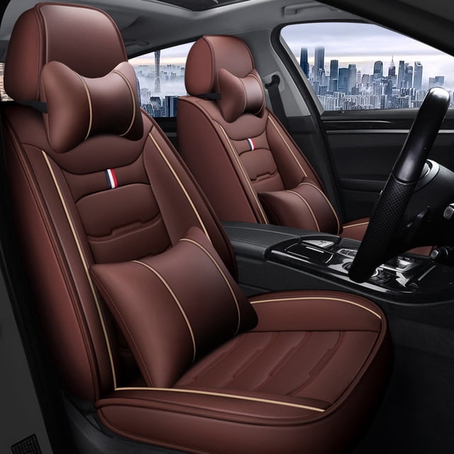 Maidao Car Seat Covers for Nissan for Sentra 2007-2012 5 Seats Compatible Airbag Leather Waterproof Front Rear Cushion Protector Full Set with Pillows Coffee