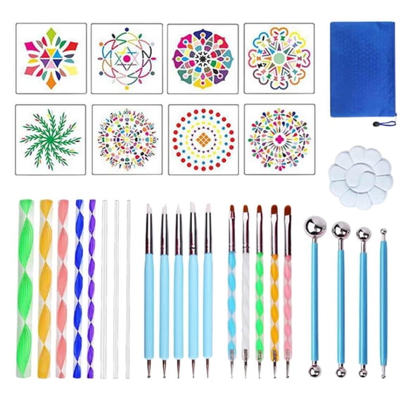 32Pc Mandala Dotting Tools Set Mandala Rocks Painting , Stencil, Mandala Dotting Pen, Paint Tray,Brush Modeling For DIY Mandala Painting Art Crafts