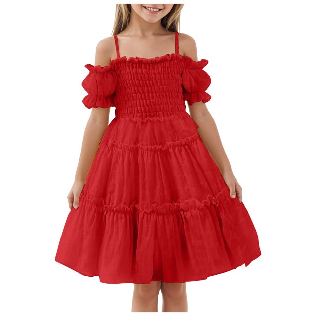 YDFCWXW Girls Cold Shoulder Shirred White Off Shoulder Ruffle Sleeve Summer A-Line Princess Sundress (Red, 18-24 Months)