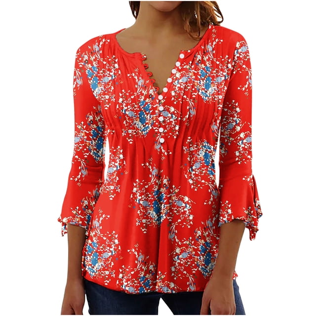 Hauts à Manches 3/4 pour Femmes Femmes Été Aguichant Plissé Imprimé Régulier Femmes Manches 3/4 Col en V Boutons Hauts Blouse Hauts d'Été pour Femmes Aguichant Aguichant Hauts d'Été pour Femmes Hauts d'Été Aguichant pour Femmes