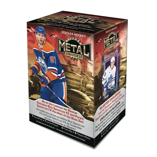 Boîte Blaster de Hockey Upper Deck Skybox Metal Universe 2023-24, Boîte Blaster Emballée à l'Avant avec Illustration Multicolore et Image de Marque Upper Deck Skybox. Décrit un Ensemble de base de 200 Cartes, une variation de 50 Cartes Metal Universe 2008-09 avec Illustration Originale 2008-09, Skybox Premium Prospects Recrues, et des Parallèles Automatiques Blaster-Exclusif Star Sapphire et Star Sapphire; Souvent Utilisé