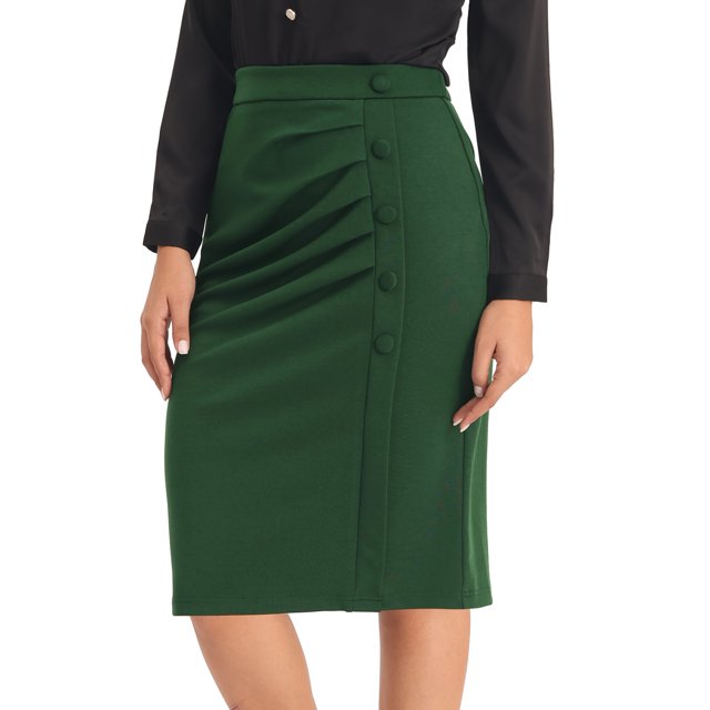 Unique Bargains Jupe Crayon Midi à Taille Haute Plissée devant pour Femme, Vert Foncé, 2TG