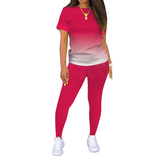 MAWCLOS Women Jogger Set Short Sleeve Sweatsuits Gradient Two Piece Outfit Boho Running Crew Neck Lounge Sets Rose Red 2XL