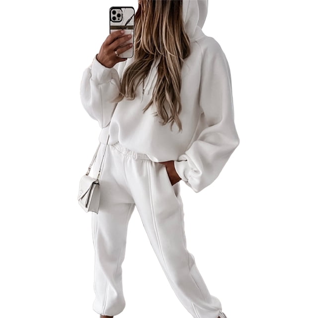 Innerwin Sweatsuits Hoodies Ladies Two Piece Outfit Sports Long Sleeve Loose Fit Jogger Set White M