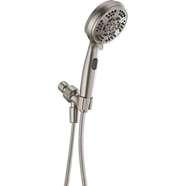 Peerless 7-Setting Hand Shower in satin nickel with round spray face featuring soft rubber Touch-Clean spray holes, pause button on handle, and 60-inch flexible metal hose with wall mount bracket, WaterSense certified for efficient bathroom shower use.