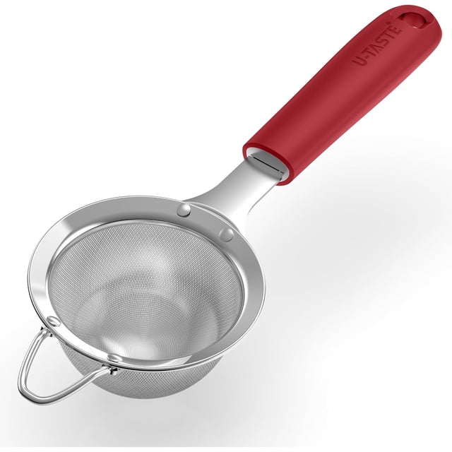 U-Taste Small Fine Mesh Strainer: 18/8 Stainless Steel 3.35in 30 Mesh Kitchen Food Sieve with Sturdy Riveted Silicone Handle, Heavy Duty Deep Handheld Metal Colander for Tea, Juice (Red)