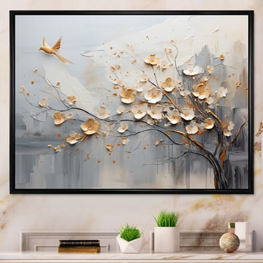 Designart Abstract Shapes Oversized framed wall art decor, Abstract Shapes framed wall Art, Vision Of Japanese Trees In Beige And Gold , Beige black framed wall art, 44x34 inches black frame