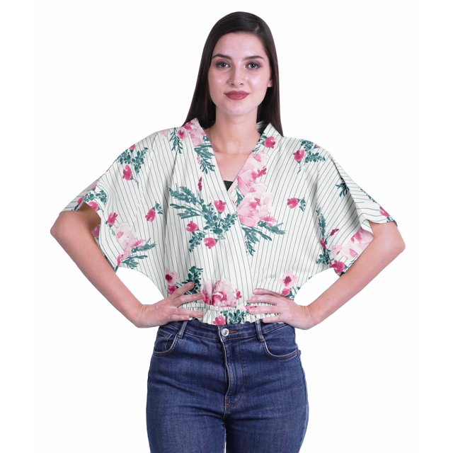 Moomaya Hauts Cache-Cœur pour Femmes Imprimés Taille Élastique Manches Boxy Blouse Cache-Cœur Décontractée