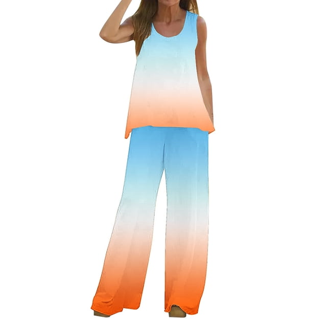 Mikilon Ensemble Stylé pour Femmes 2 Pcs Décontracté Ample Imprimé Camisole Pantalon Long Sans Manches Col Rond Haut/chemise Ensemble Orange-B m