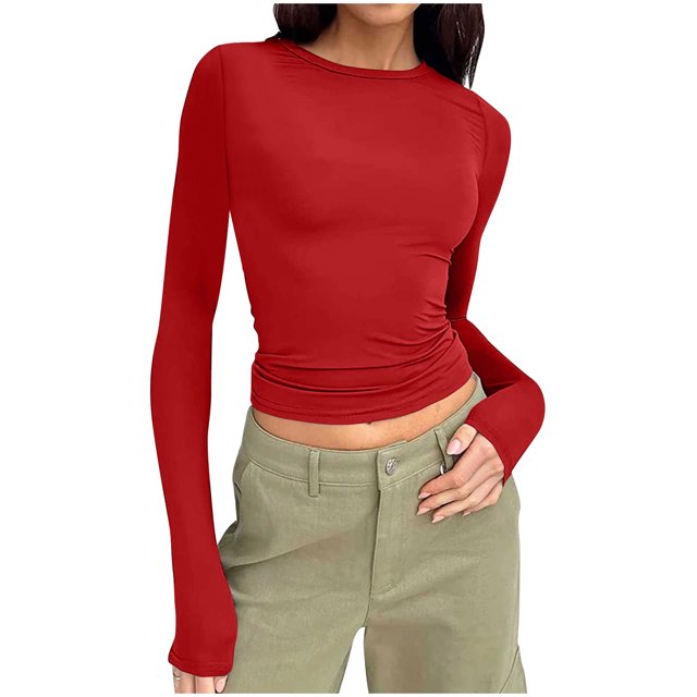 Blouses pour Femmes, Mode Féminine Décontractée Col Rond Couleur Unie T-Shirt à Manches Longues Chandail Hauts