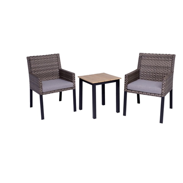 Dura Preston Ensemble de 3 Pcs avec Deux Fauteuils d'Extérieur en Rotin Tressé Comprenant des Coussins en Tissu Oléfine Gris 220 g et une table d'Appoint Carrée en polywood avec Pattes en Aluminium Noir, Convient aux patios, Balcons Ou au Bord de la Piscine.