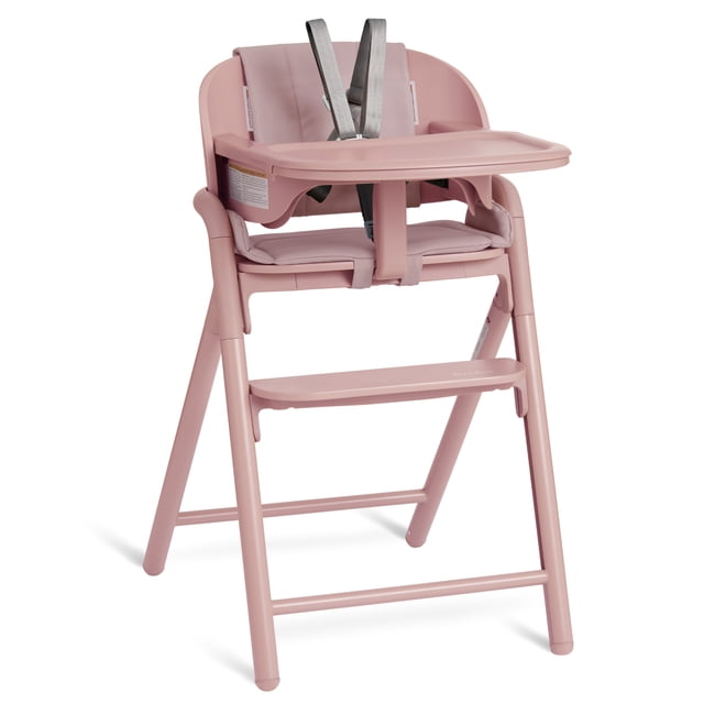 Evolur Step and Savor Convertible High Chair Rose Petal, front-facing pink baby high chair with removable tray, padded wipe-clean seat liner, adjustable wooden footrest, and 5-point safety harness for secure feeding and growth support.