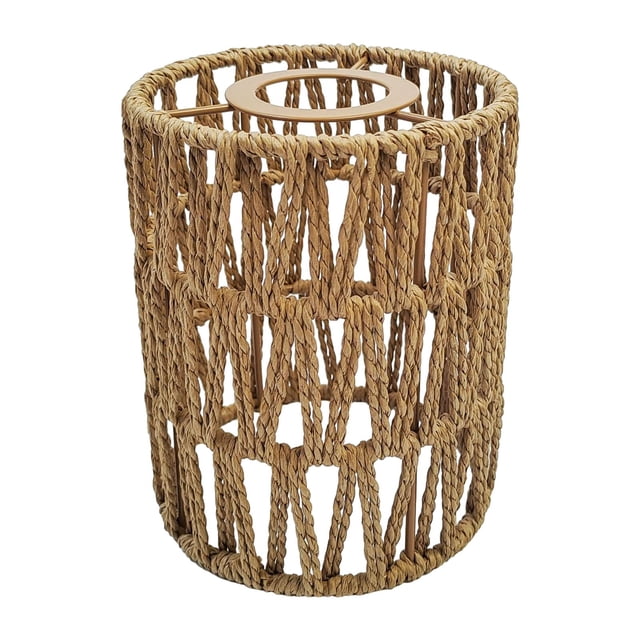 Pendant Lamp Shade Lampshade Rattan Boho Woven Small Chandelier Cover Ceiling. A cylindrical lamp shade crafted from hand-woven paper rattan with a sturdy metal frame, showcasing an intricate open-weave design. This boho-style light fixture enhances dining areas, kitchens, bedrooms, coffee shops, and more. Dimensions: 12cm diameter x 15cm height.