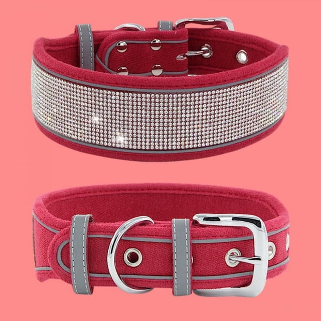 New Pet Reflective Collar Rhinestone Dog Collar Medium And Large Dogs Suede Reflective Dog Collar,red,m56*5.0cm/22*2``