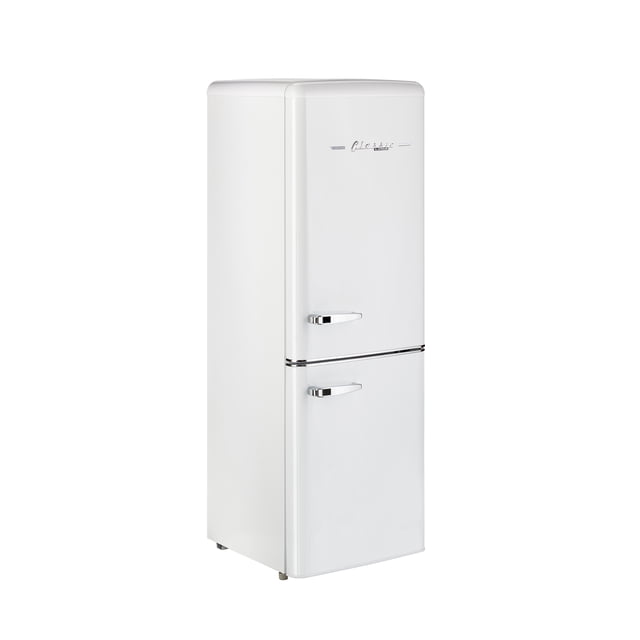 Unique Rétro Réfrigérateur Électrique Classique de 7 Pi3 à Congélateur Inférieur avec Casier à Vin en Blanc Guimauve. Ce Réfrigérateur compact de 7 Pi3 Présente un design Rétro Élégant avec Revêtement en Métal, Poignées en Métal de zinc et Fini Blanc Guimauve. Il Comprend 4 Tablettes en Verre Ajustables, un Casier à Vin pour 4 Bouteilles et 3 Tablettes de Porte Pleine Largeur Ajustables. le Congélateur Inférieur Offre une Commodité Moderne pour un Accès Facile aux Aliments Frais et Surgelés. Idéal pour les Maisons, les Cabanes Ou les Espaces Compacts.